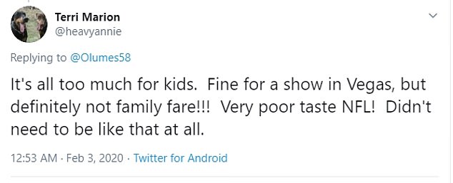 document - Terri Marion It's all too much for kids. Fine for a show in Vegas, but definitely not family fare!!! Very poor taste Nfl! Didn't need to be that at all. Twitter for Android