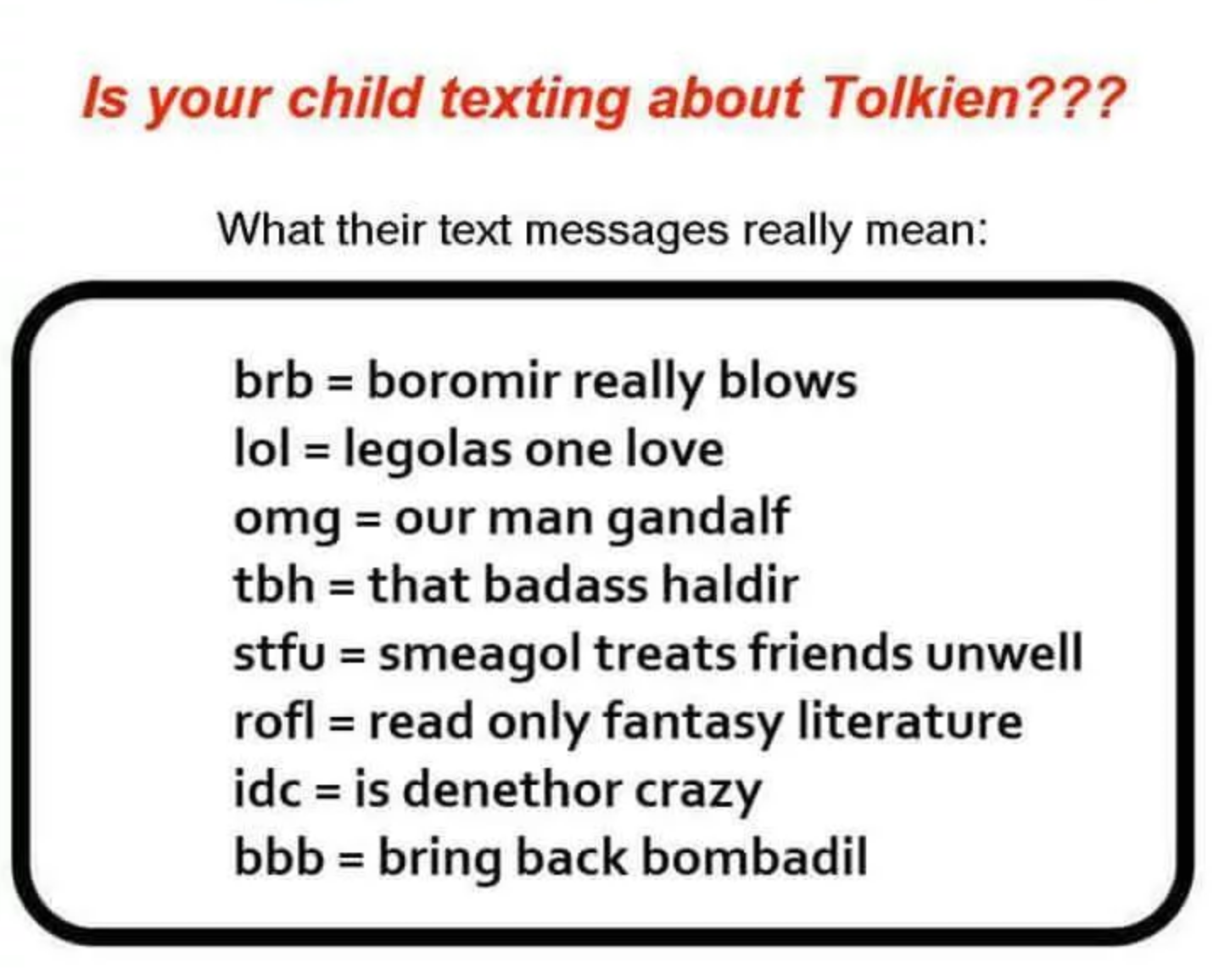 lotr meme - your child texting about tolkien - Is your child texting about Tolkien??? What their text messages really mean brb boromir really blows lol legolas one love omg our man gandalf tbh that badass haldir stfu smeagol treats friends unwell rofl rea