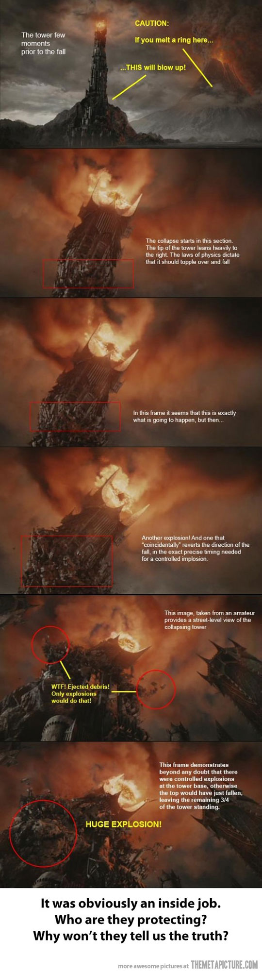 lotr meme - barad dur inside - Caution The tower few moments prior to the fall If you melt a ring here... ...This will blow up! The collapse starts in this section The tip of the tower leans heavily to the right. The laws of physics dictate that it should