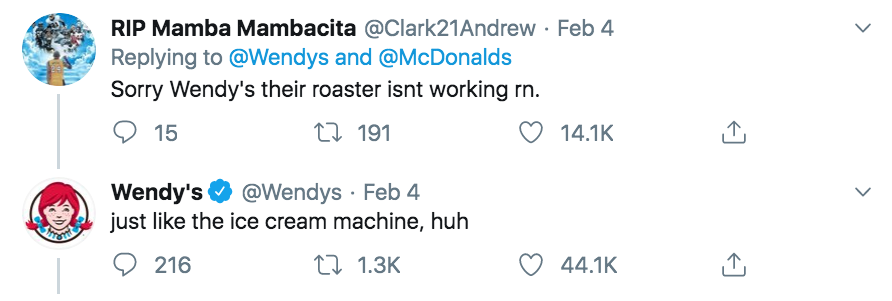 angle - Rip Mamba Mambacita Feb 4 and Sorry Wendy's their roaster isnt working rn. 15 22 191 Wendy's Feb 4 just the ice cream machine, huh 9 216 22
