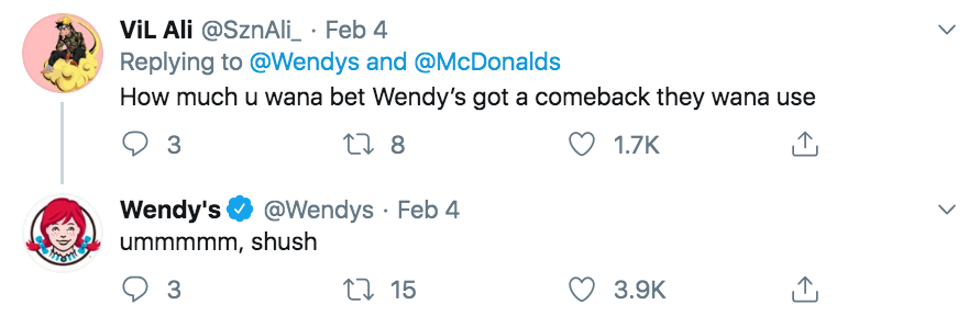 wendy's company - ViL Ali Feb 4 and How much u wana bet Wendy's got a comeback they wana use 93 228 Wendy's Feb 4 ummmmm, shush 22 15 2 3