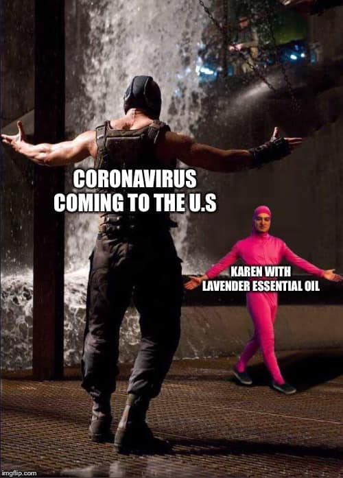 bane and pink guy meme template - Coronavirus Coming To The U.S Karen With Lavender Essential Oil imgflip.com