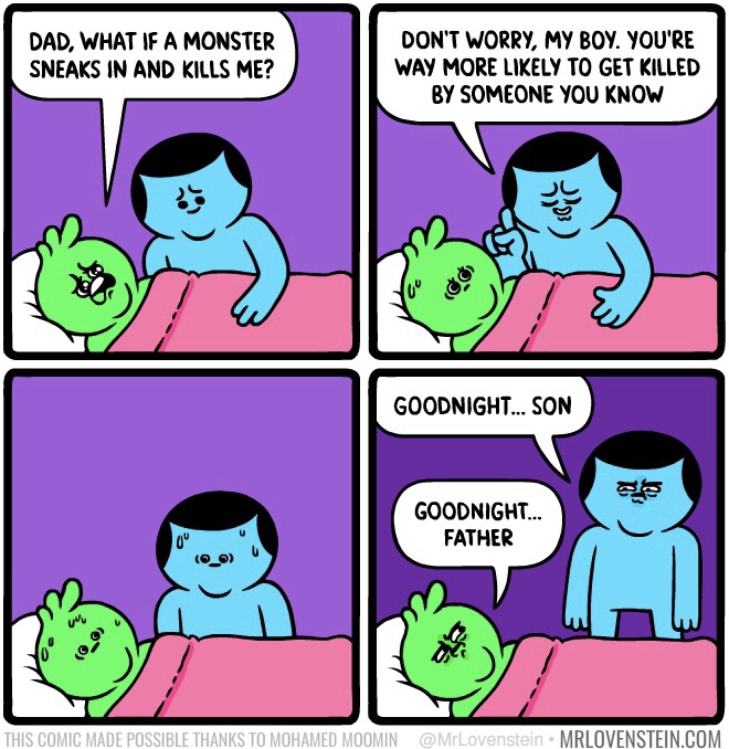 mr lovenstein dad - Dad, What If A Monster Sneaks In And Kills Me? Don'T Worry, My Boy. You'Re Way More ly To Get Killed By Someone You Know Goodnight... Son Goodnight... Father This Comic Made Possible Thanks To Mohamed Moomin Mrlovenstein.Com