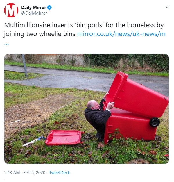 grass - Daily Mirror Mirror Multimillionaire invents 'bin pods' for the homeless by joining two wheelie bins mirror.co.uknewsuknewsm TweetDeck