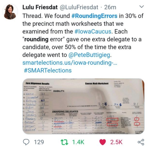 document - Lulu Friesdat . 26m Thread. We found Errors in 30% of the precinct math worksheets that we examined from the . Each "rounding error" gave one extra delegate to a candidate, over 50% of the time the extra delegate went to . smartelections.usiowa