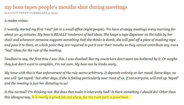 document - my boss tapes people's mouths shut during meetings by Alison Green on A reader writes I recently started my first real job in a small office eight people. We have strategy meetings every morning for about 3045 minutes. My boss is Really intoler