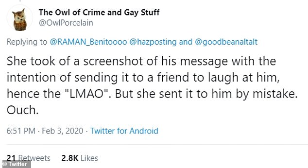 document - The Owl of Crime and Gay Stuff and She took of a screenshot of his message with the intention of sending it to a friend to laugh at him, hence the "Lmao". But she sent it to him by mistake. Ouch. Twitter for Android 21