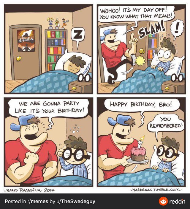 wholesome - nerd and jock comic - Wohoo! It'S My Day Off! You Know What That Means! Slam! We Are Gonna Party It'S Your Birthday! Happy Birthday, Bro! You Remembered! A Marko Raassina 2017 Markraas.Tumblr.Com Posted in rmemes by uTheSwedeguy reddit