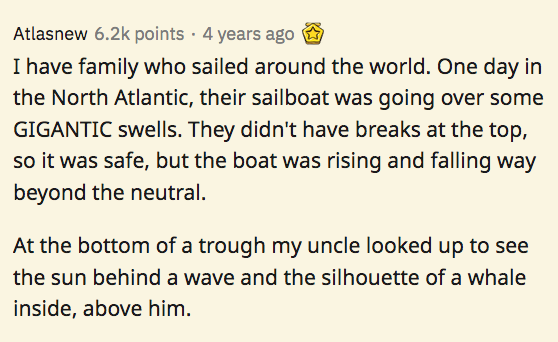 sailor stories - angle - Atlasnew points 4 years ago I have family who sailed around the world. One day in the North Atlantic, their sailboat was going over some Gigantic swells. They didn't have breaks at the top, so it was safe, but the boat was rising 