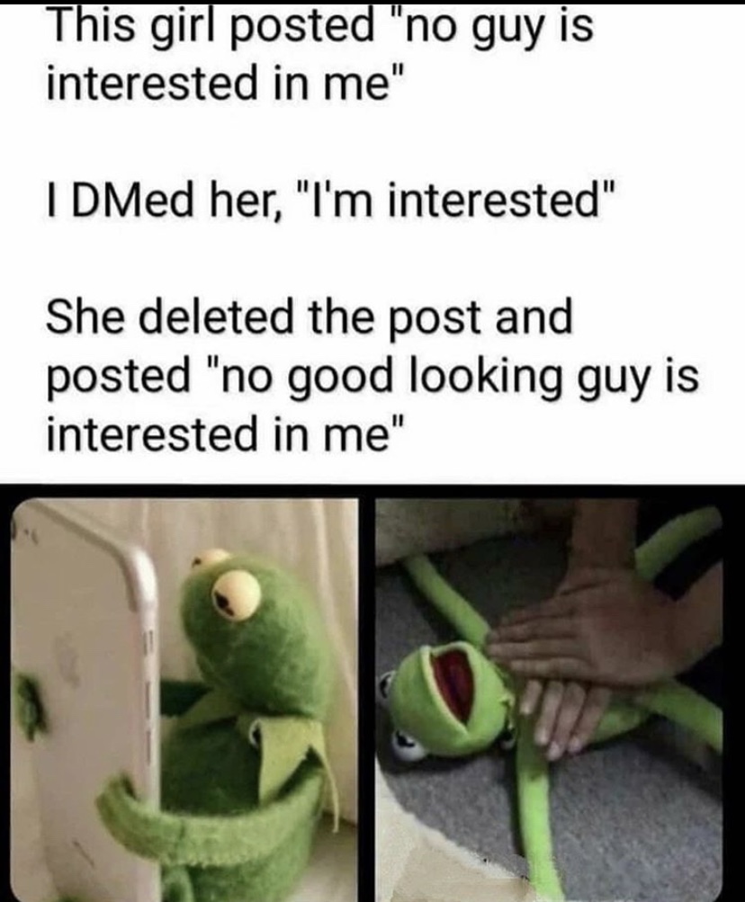 really hurts - This girl posted "no guy is interested in me" I DMed her, "I'm interested" She deleted the post and posted "no good looking guy is interested in me"