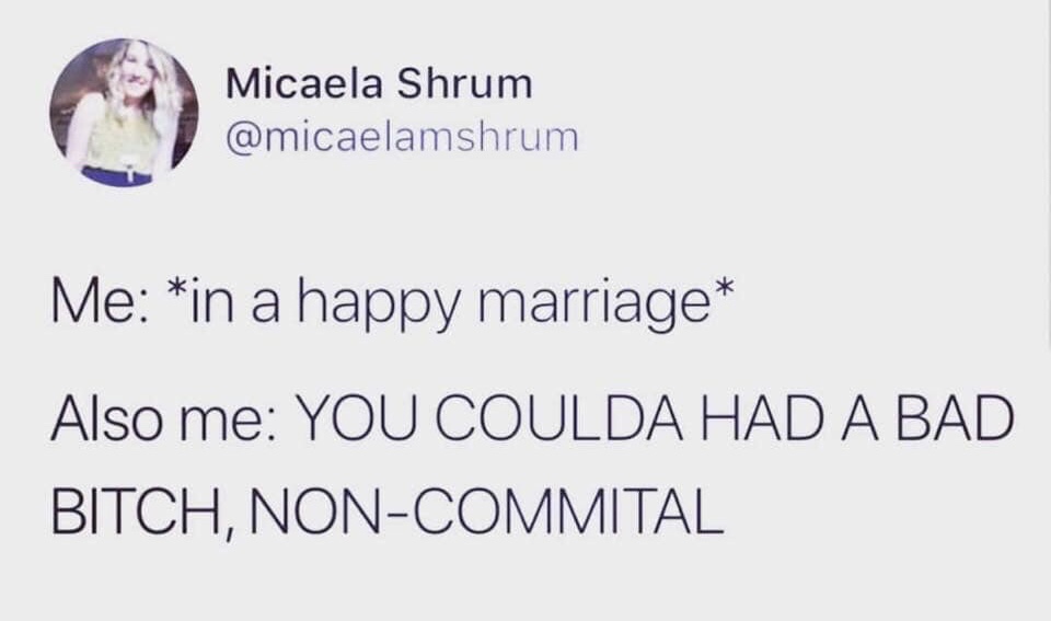 Micaela Shrum Me in a happy marriage Also me You Coulda Had A Bad Bitch, NonCommital