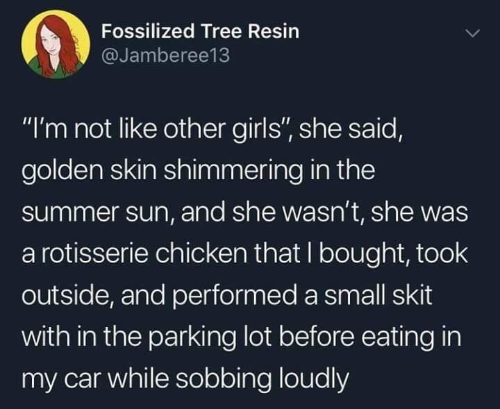material - Fossilized Tree Resin "I'm not other girls", she said, golden skin shimmering in the summer sun, and she wasn't, she was a rotisserie chicken that I bought, took outside, and performed a small skit with in the parking lot before eating in my ca