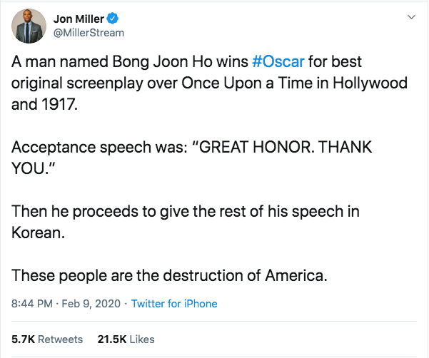 synonyms are weird - Jon Miller A man named Bong Joon Ho wins for best original screenplay over Once Upon a Time in Hollywood and 1917. Acceptance speech was "Great Honor. Thank You." Then he proceeds to give the rest of his speech in Korean. These people
