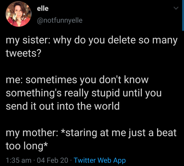 screenshot - elle my sister why do you delete so many tweets? me sometimes you don't know something's really stupid until you send it out into the world, my mother staring at me just a beat too long 04 Feb 20 Twitter Web App