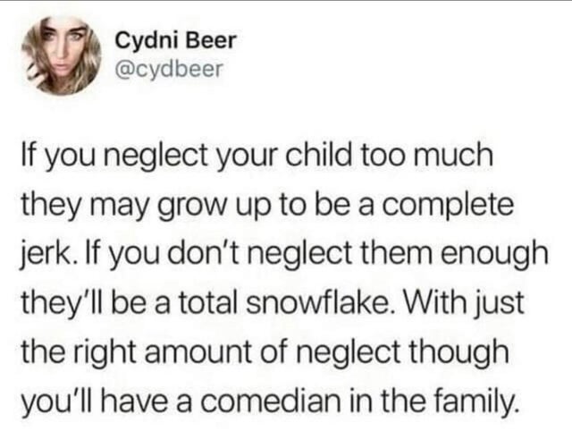 funny google reviews - Cydni Beer If you neglect your child too much they may grow up to be a complete jerk. If you don't neglect them enough they'll be a total snowflake. With just the right amount of neglect though you'll have a comedian in the family.
