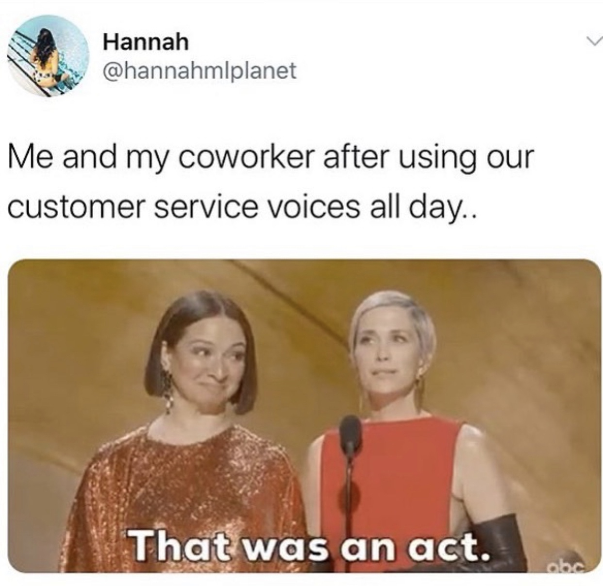 media - Hannah Me and my coworker after using our customer service voices all day.. That was an act.