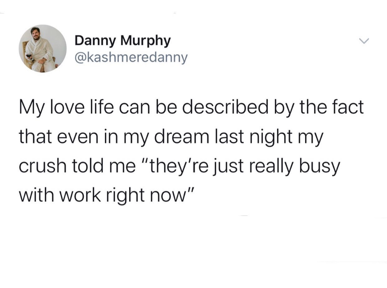 sleep is like death without the commitment - Danny Murphy My love life can be described by the fact that even in my dream last night my crush told me "they're just really busy with work right now"