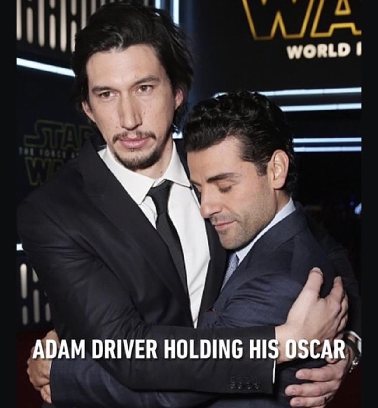 star wars cast hug - We World Adam Driver Holding His Oscar