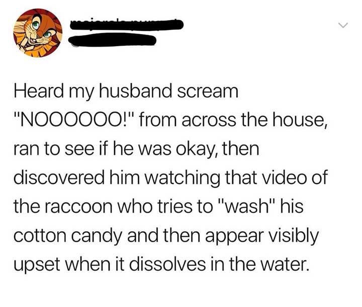 standing in line at mcdonalds meme - Heard my husband scream "NOO0000!" from across the house, ran to see if he was okay, then discovered him watching that video of the raccoon who tries to "wash" his cotton candy and then appear visibly upset when it dis