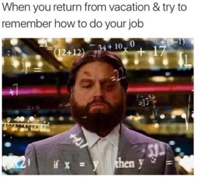 you return from vacation meme - When you return from vacation & try to remember how to do your job 1212 34 10,0 if x y then
