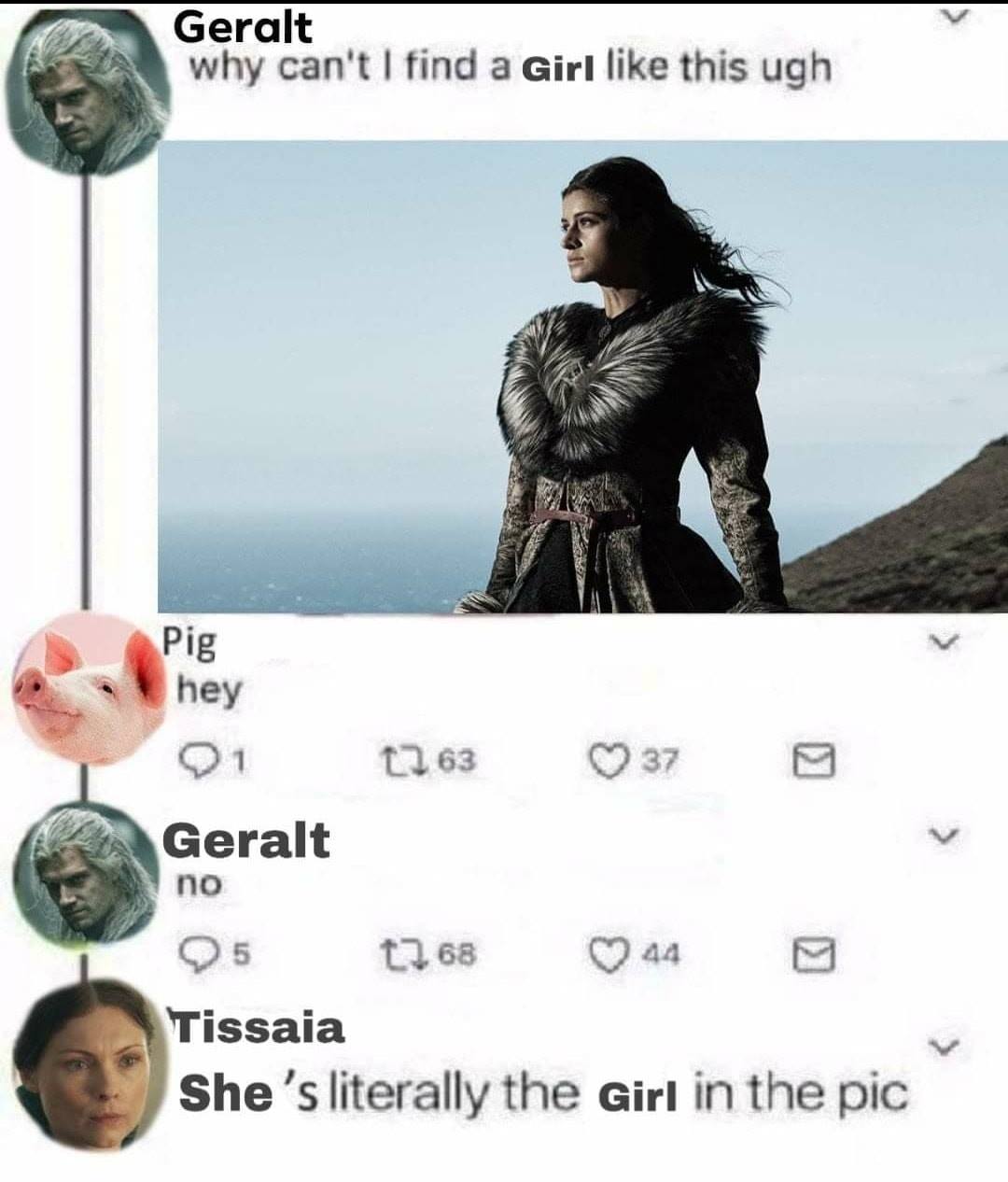 Witcher memes - witcher memes yennefer - Geralt why can't I find a Girl this ugh Pig hey 01 Geralt 016337 Geralt no 05 768 440 Tissaia She's literally the Girl in the pic