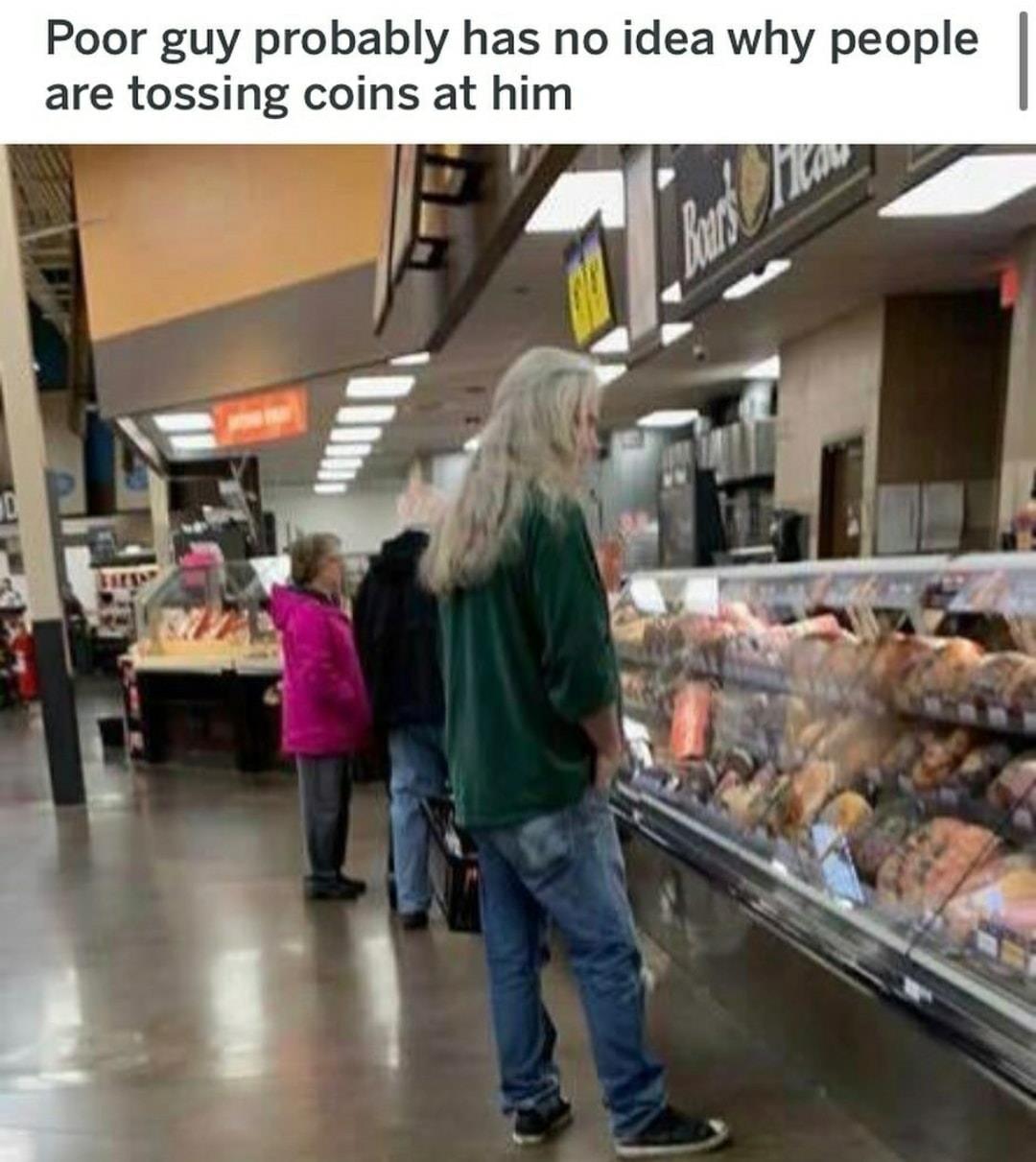 Witcher memes - supermarket - Poor guy probably has no idea why people are tossing coins at him
