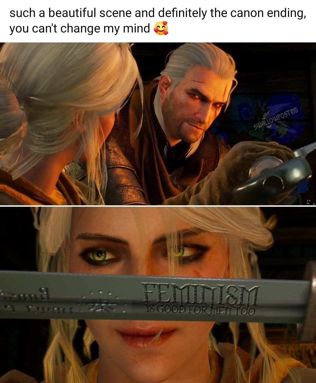 Witcher memes - blond - such a beautiful scene and definitely the canon ending, you can't change my mind Swallowposting Femmism Is Good Forjen Too