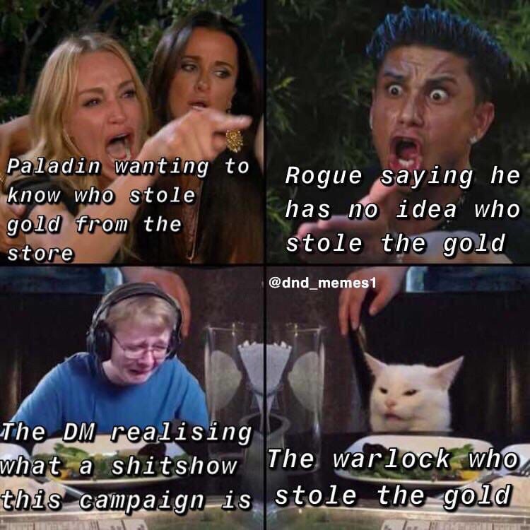 D&D meme - woman yelling at cat meme dnd - Paladin wanting to know who stole gold from the store Rogue saying he has no idea who stole the gold The Dm realising what a shitshow The warlock who this campaign is stole the gold