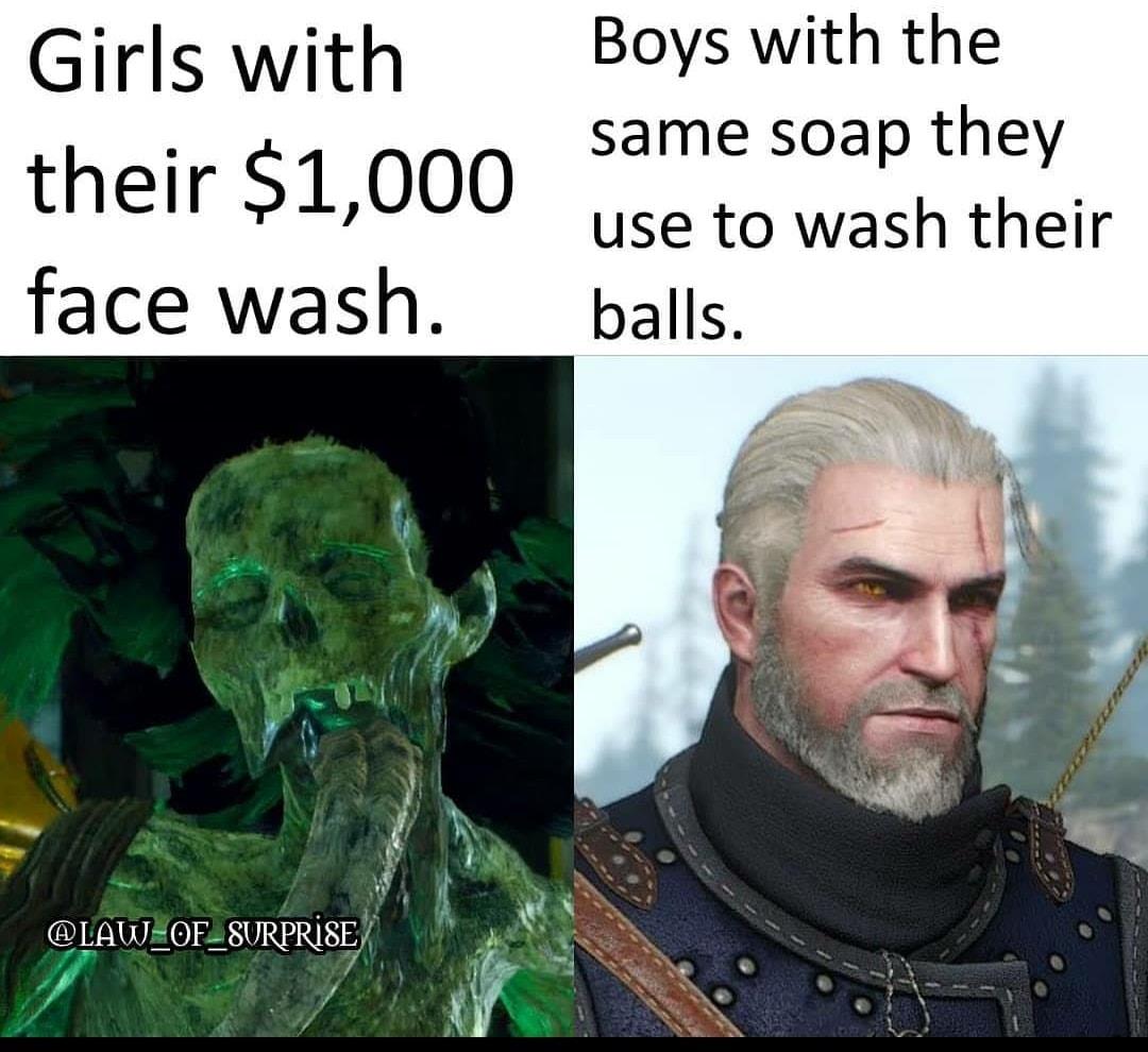Witcher memes - human - Girls with their $1,000 face wash. Boys with the same soap they use to wash their balls.