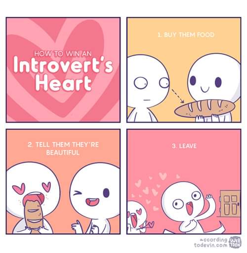 wholesome meme - win introvert heart - 2. Buy Them Food How To Win An Introvert's Heart Oo. O 2. Tell Them They'Re Beautiful 3. Leave according Web todevin.com Toon