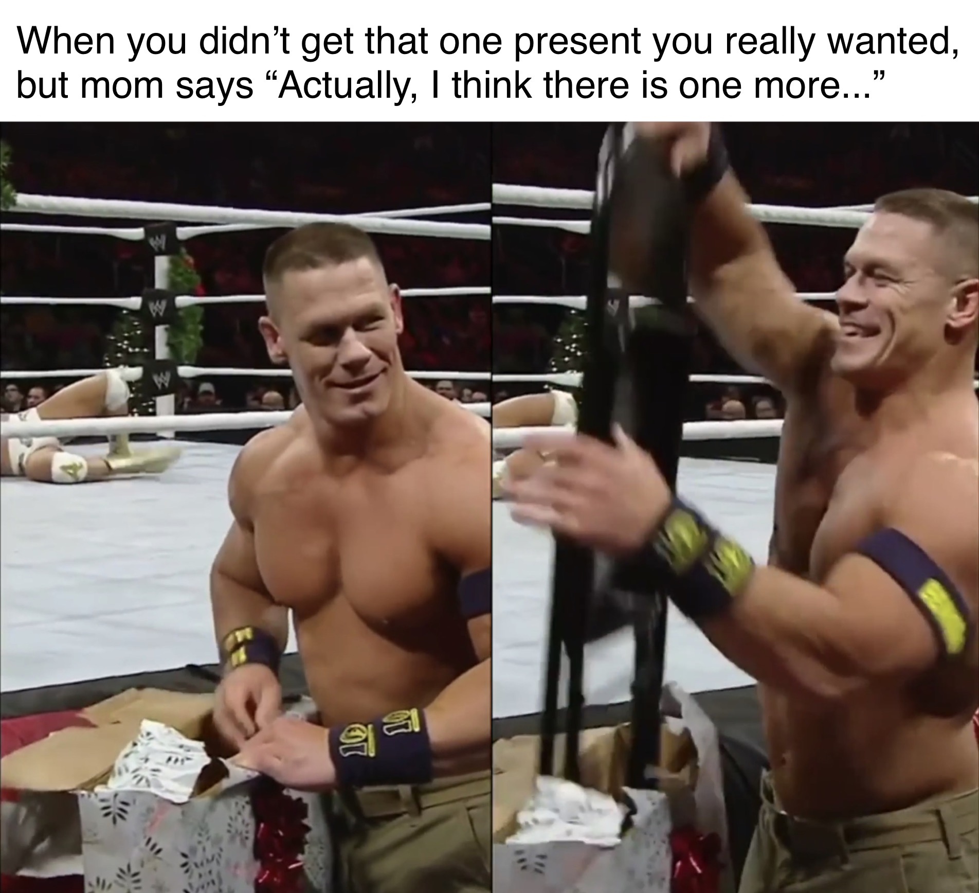 wholesome meme - professional boxing - When you didn't get that one present you really wanted, but mom says "Actually, I think there is one more..."