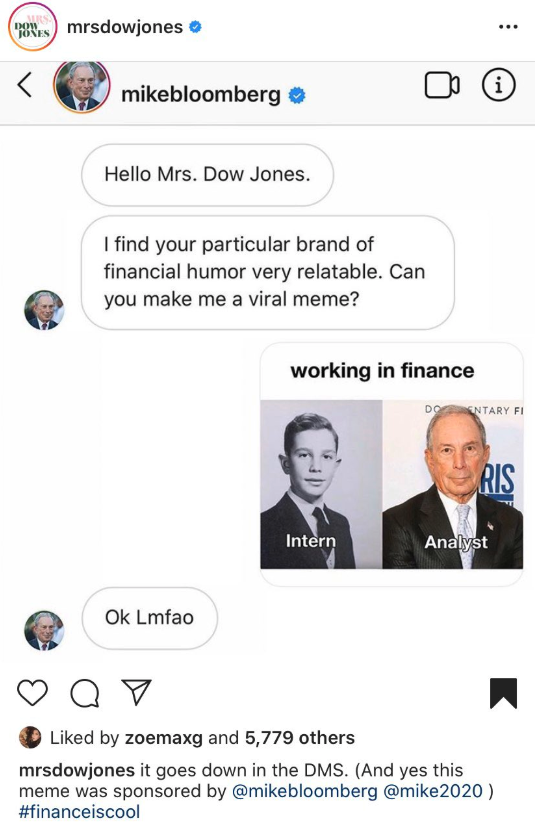 web page - Dsnes mrsdowjones mikebloomberg Hello Mrs. Dow Jones. I find your particular brand of financial humor very relatable. Can you make me a viral meme? working in finance Dodentary Fi Intern Analyst Ok Lmfao Qo d by zoemaxg and 5,779 others mrsdowj