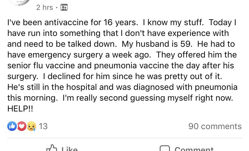 all or nothing marriage - 2 hrs. I've been antivaccine for 16 years. I know my stuff. Today | have run into something that I don't have experience with and need to be talked down. My husband is 59. He had to have emergency surgery a week ago. They offered