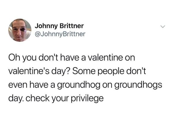 slut for water meme - Johnny Brittner Brittner Oh you don't have a valentine on valentine's day? Some people don't even have a groundhog on groundhogs day. check your privilege