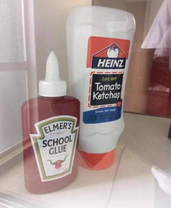 blursedimages blursed - Heinz Estd. 1869 Tomato Ketchup Grown Not made No. Elmers School Glue