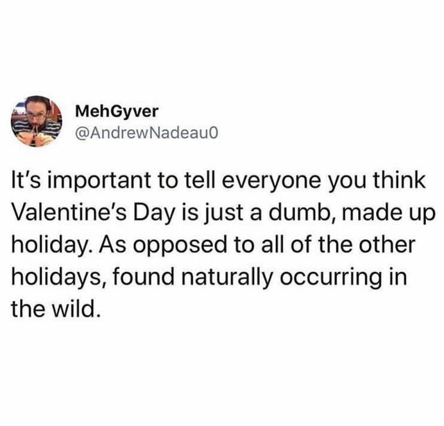 Humour - MehGyver Nadeauo It's important to tell everyone you think Valentine's Day is just a dumb, made up holiday. As opposed to all of the other holidays, found naturally occurring in the wild.