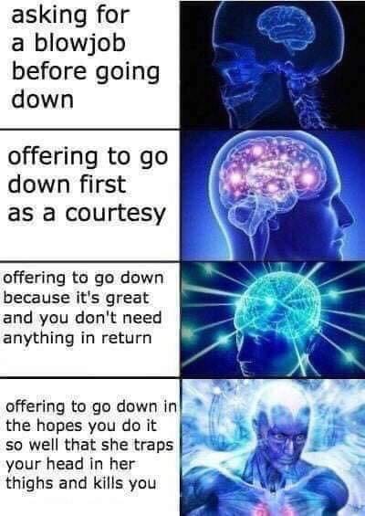 sex memes - brainpower meme - asking for a blowjob before going down offering to go down first as a courtesy offering to go down because it's great and you don't need anything in return offering to go down in the hopes you do it so well that she traps you