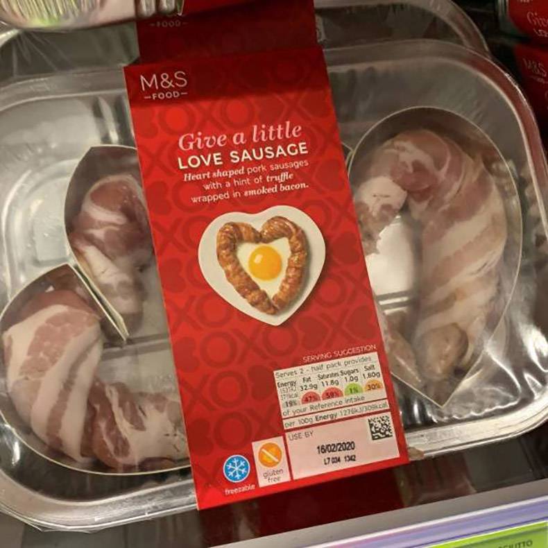dairy product - M&S Food Give a little Love Sausage Heart shaped pork sausages with a hint of truffle wrapped in smoked bacon. Serving Succestion ha pack provide Energy Ft Sant Super Swit SH3299 11.89 109 1.800 196473398 30% of your Reference de per 100g 