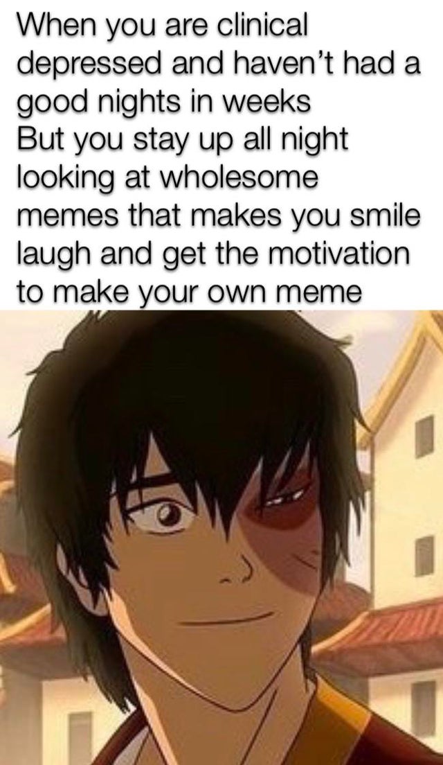 avatar the last airbender zuko smiling - When you are clinical depressed and haven't had a good nights in weeks But you stay up all night looking at wholesome memes that makes you smile laugh and get the motivation to make your own meme