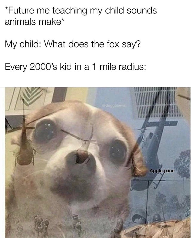 funny meme - vietnam flashback meme - Future me teaching my child sounds animals make My child What does the fox say? Every 2000's kid in a 1 mile radius Apple.jxice