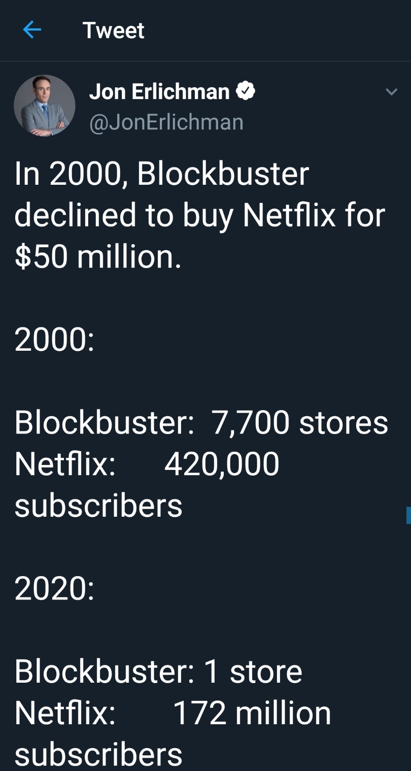 funny meme - screenshot - Tweet Jon Erlichman In 2000, Blockbuster declined to buy Netflix for $50 million. 2000 Blockbuster 7,700 stores Netflix 420,000 subscribers 2020 Blockbuster 1 store Netflix 172 million subscribers