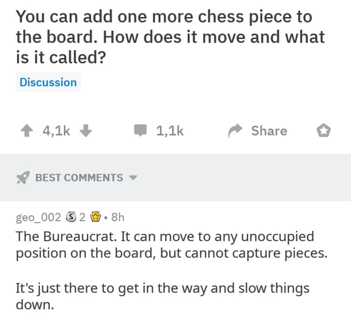 funny meme - document - You can add one more chess piece to the board. How does it move and what is it called? Discussion 4 4,16 Best geo_002 2 .8h The Bureaucrat. It can move to any unoccupied position on the board, but cannot capture pieces. It's just t