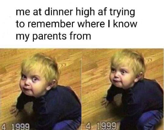 funny meme - screams internally - me at dinner high af trying to remember where I know my parents from 4 1999 4 1999