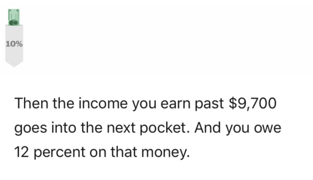 document - 10% Then the income you earn past $9,700 goes into the next pocket. And you owe 12 percent on that money.