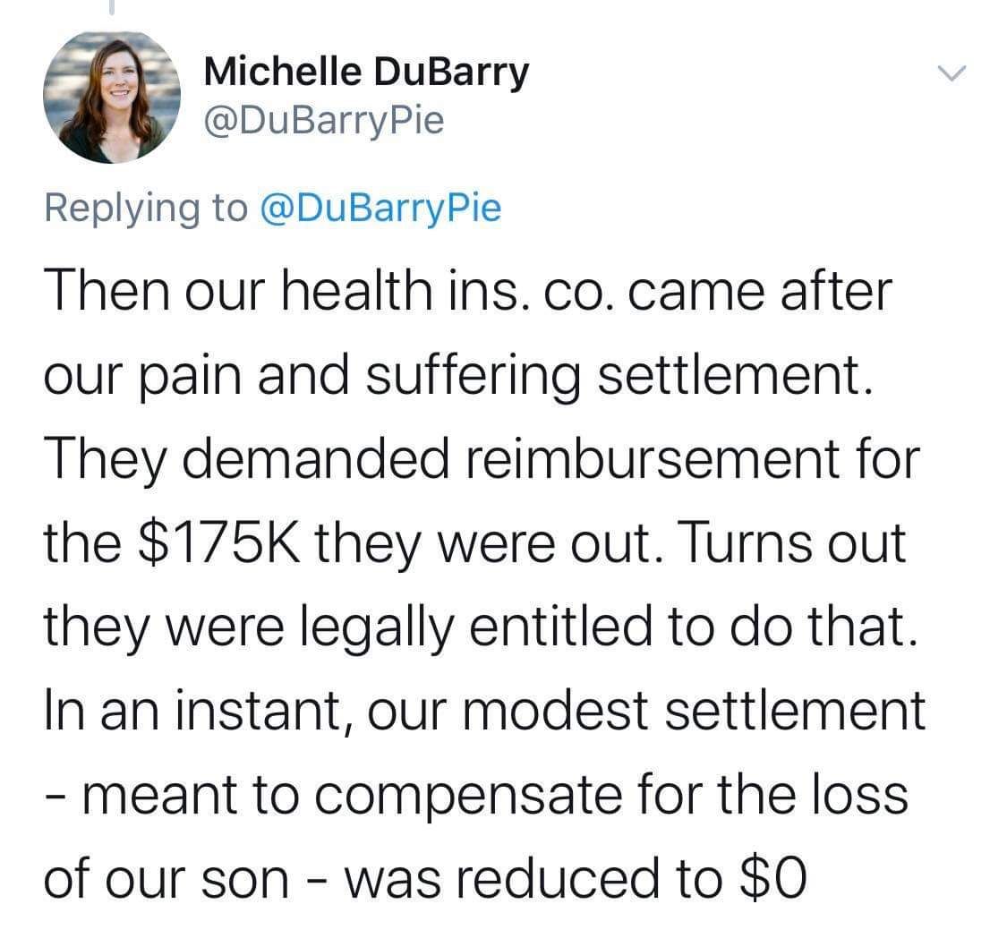 seventeen funny scenarios - Michelle DuBarry Then our health ins. co. came after our pain and suffering settlement. They demanded reimbursement for the $ they were out. Turns out they were legally entitled to do that. In an instant, our modest settlement 