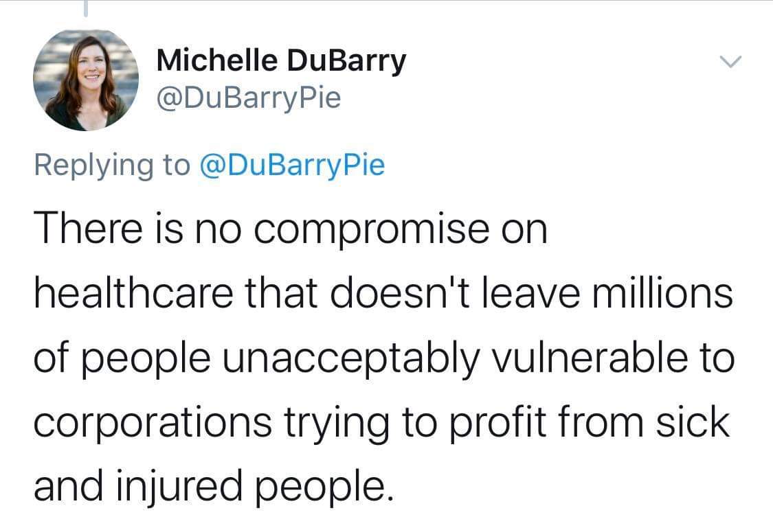 document - Michelle DuBarry There is no compromise on healthcare that doesn't leave millions of people unacceptably vulnerable to corporations trying to profit from sick and injured people.