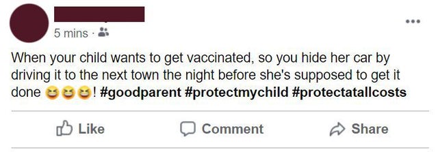 insane parents - 5 mins When your child wants to get vaccinated, so you hide her car by driving it to the next town the night before she's supposed to get it done 3 3 ! 0 Comment