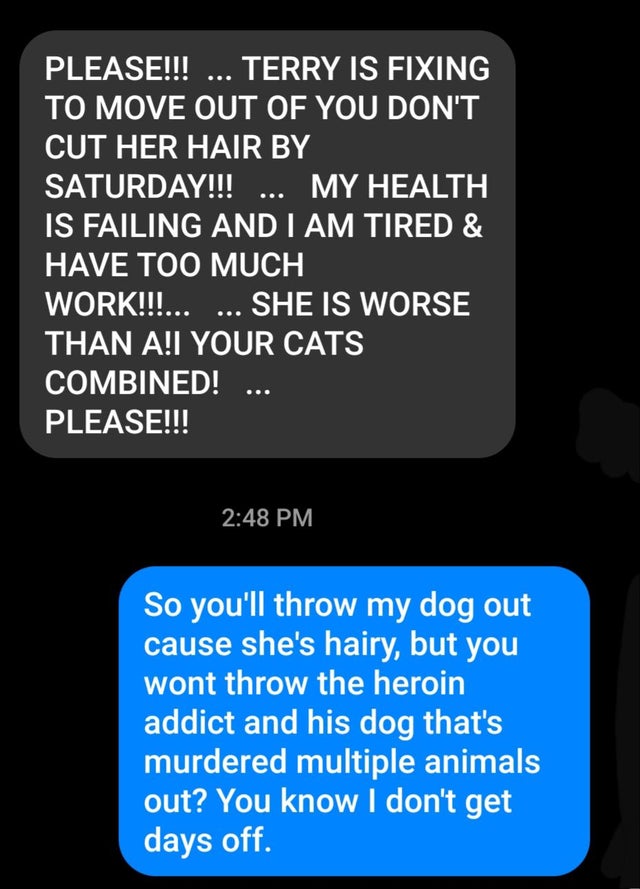 insane parents - screenshot - Please!!! ... Terry Is Fixing To Move Out Of You Don'T Cut Her Hair By Saturday!!! ... My Health Is Failing And I Am Tired & Have Too Much Work!!!... ... She Is Worse Than A!I Your Cats Combined! ... Please!!! So you'll throw