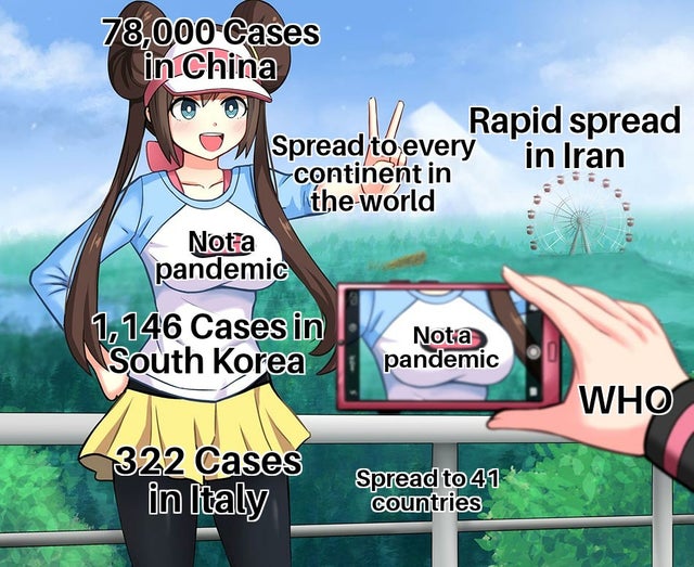 pokemon rosa meme camera - 78,000Cases in China M Rapid spread Spread to every in Iran continent in the world Not a pandemic 1,146 Cases in Nota South Korea pandemic Who 5322 Cases in Italy Spread to 41 countries