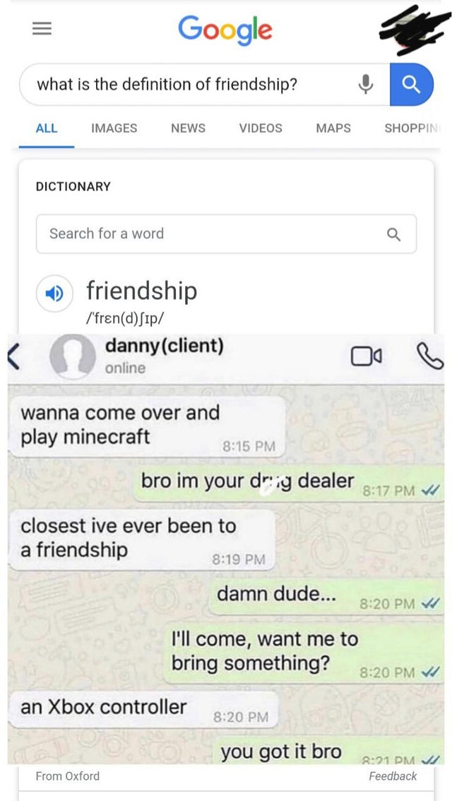 reddit dank memes - google logo - Google what is the definition of friendship? All Images News Videos Maps Shoppin Dictionary Search for a word friendship 'frend ip dannyclient online wanna come over and play minecraft Pbro im your drig dealer Vi closest 